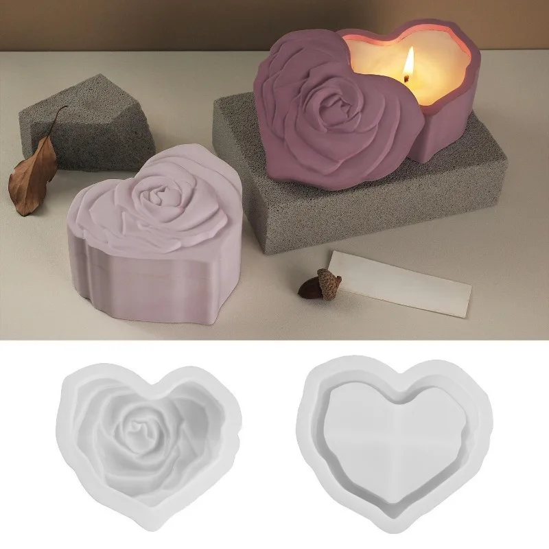 Heart Shape Rose Storage Box Silicone Mold with Lid DIY 3D Carved Rose Candle Jar Concrete Cement Mould Epoxy Resin Plaster Mold