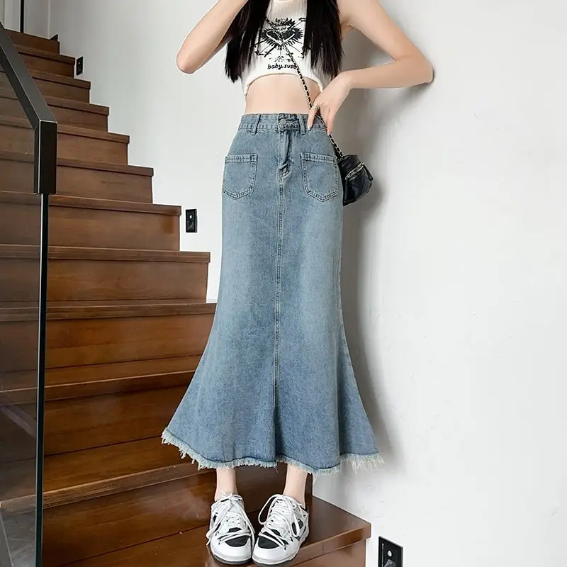 

Denim Fishtail Skirt Women Long High Waist Maxi Tassels Skirts Jeans Retro Blue Long Skirts For Women Spring Summer 2024