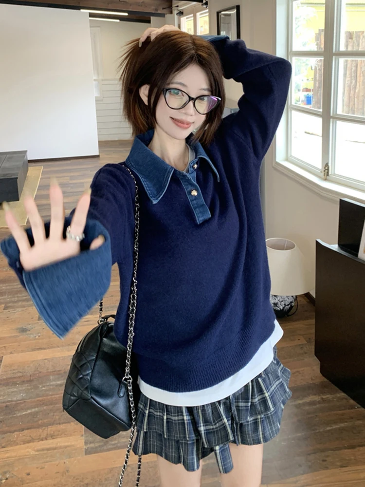 

Корейский женский свитер в стиле ретро, джинсовый лоскутный вязаный свитер, пуловер с лацканами и длинными рукавами, модный повседневный топ, весна-осень, новинка