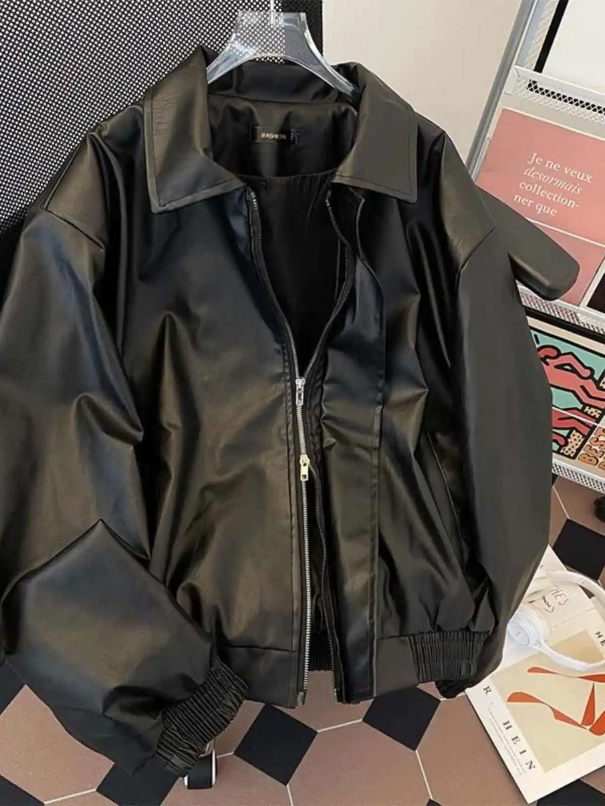 Women's Black Goth Leather Jacket Coat Vintage PU Motorcycle Bomber Jacket Oversize Jacket Outerwear 2000s Clothes Autumn Winter