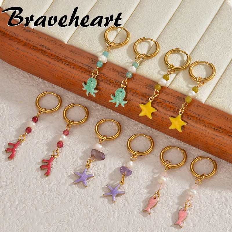 

Cute Hoop Earrings For Women Girl Gold Plated Colored Drip Enamel Fish Starfish Coral Octopus Charms Earrings Ocean Jewelry Gift