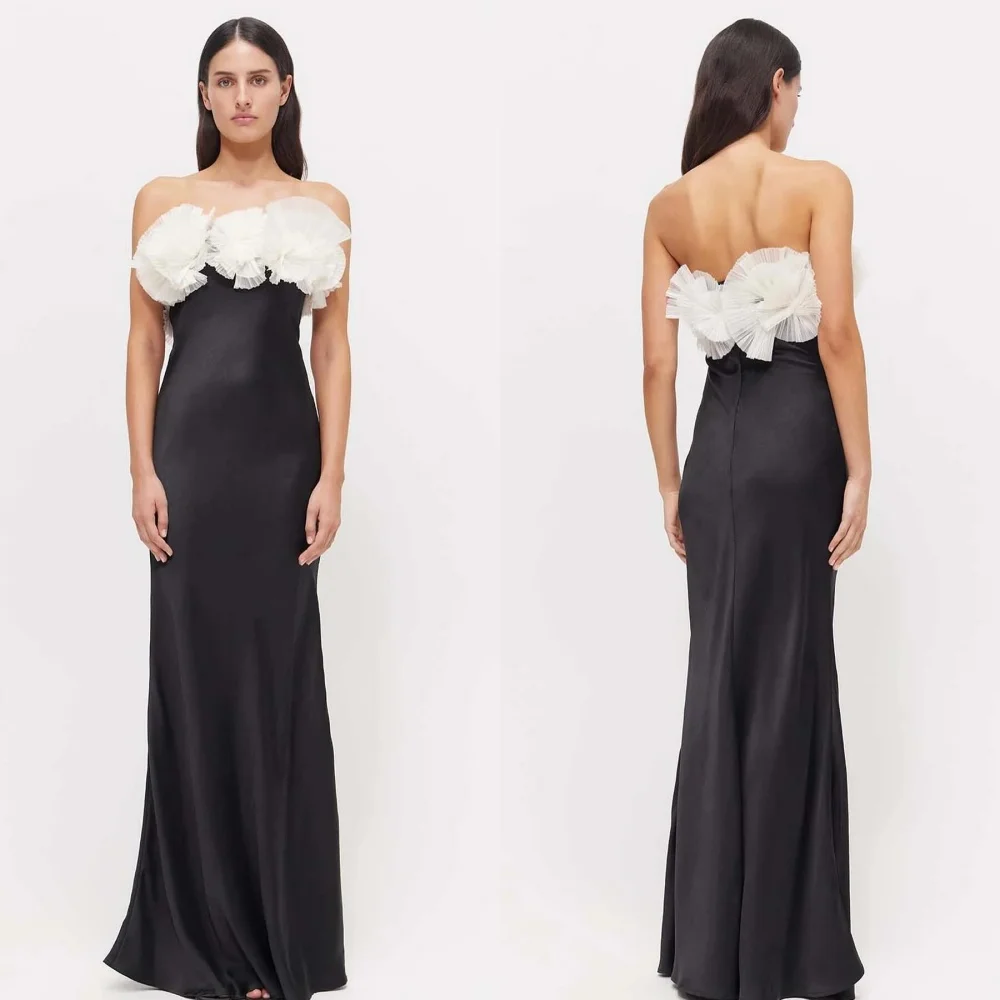 Customized Jersey Flower Draped Pleat Prom A-line Strapless Bespoke Occasion Gown Long Dresses