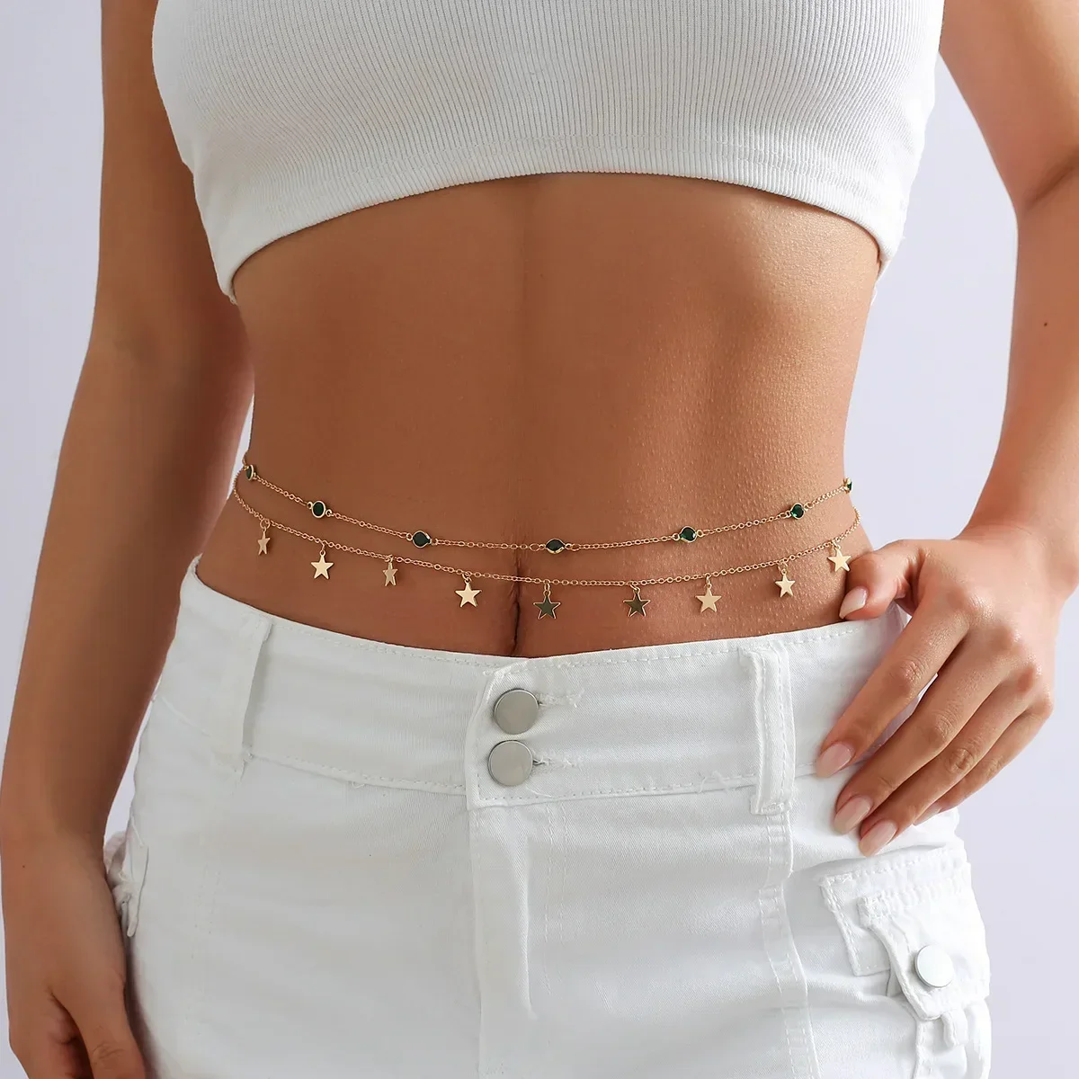 Versatile Waist Chain Female Sexy Crystal Body Chain Beach Bikini Waist Chain Simple Double-layer Rhinestone Pentagram Pendant