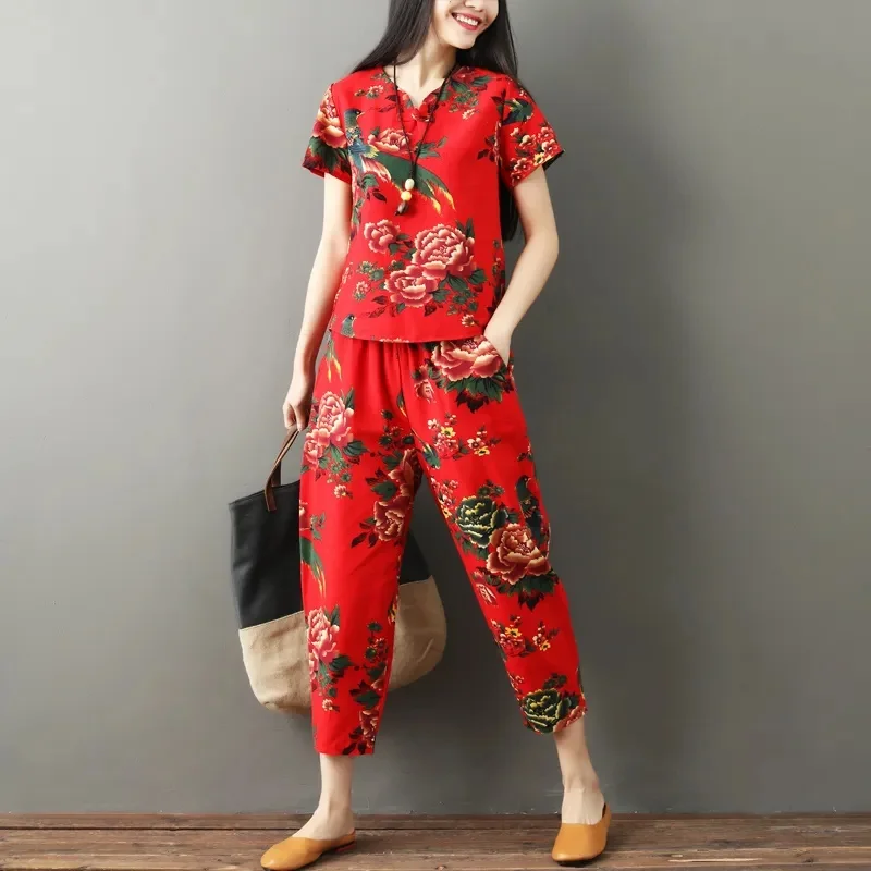 2024 Summer New 2PCS Ethnic Wind Suit Cotton Linen Two-Piece Women Short-Sleeved Shirt Suit Leisure Set Large Size Ladies Outfit