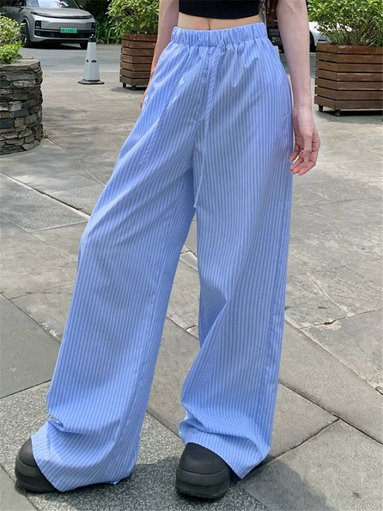 Lazy Chill 2026 Summer Holiday High Waist Wide Leg Pants Capris Blue Striped Loose Thin Trousers Pantlone Straight Casual Pants