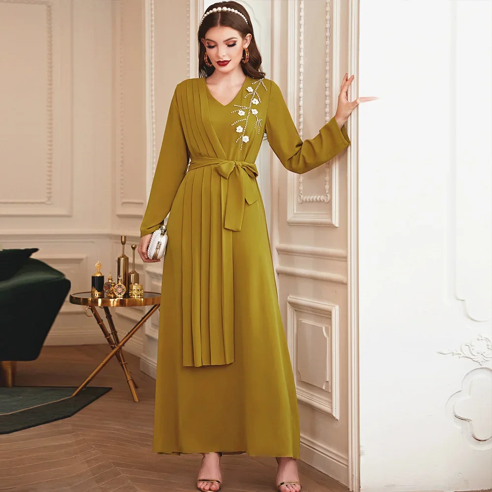

2025 New Islam Abaya Dress Mustard Yellow Hand-sewn Diamond Ornaments Robe Femme Musulmane Flower Pleated sleeved Ladies Dress