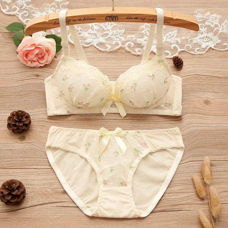 Girls Lace No Steel Rings Comfortable Girls Bra + Panties Set Adjustment Gathering Sexy Girls Student Underwear