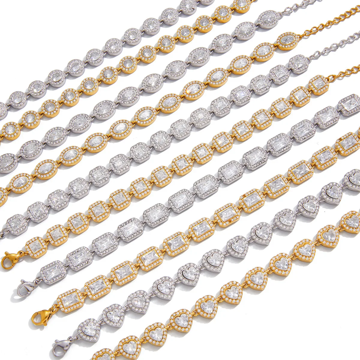 

Classic Square Round Heart-Shaped Various Zircon Tennis Chain Bracelets For Women Girls 18K Gold Plated Fine Chain Gifts