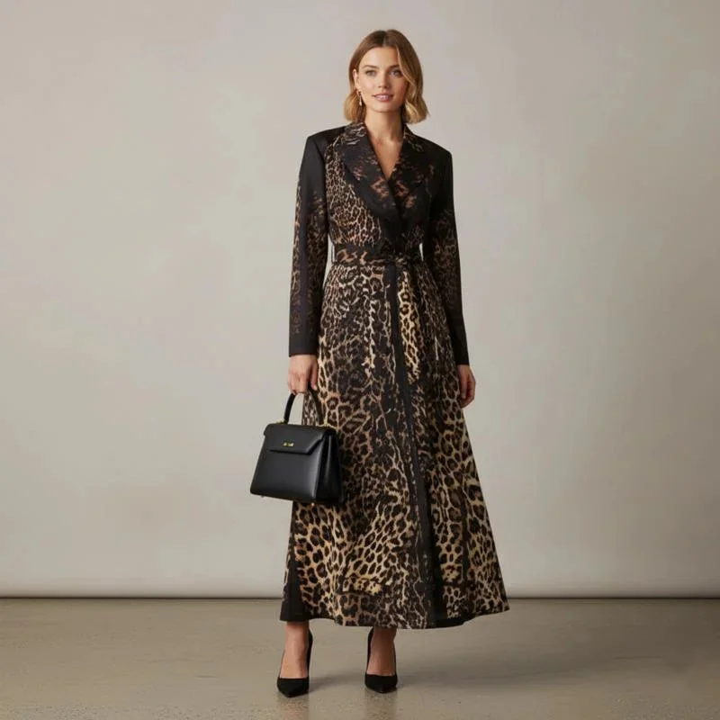 Leopard Print Trench Coat For Women With Lapel Neck Full Sleeves Adjustable Belt Fall Winter Street Style Casual Outwear Jacket