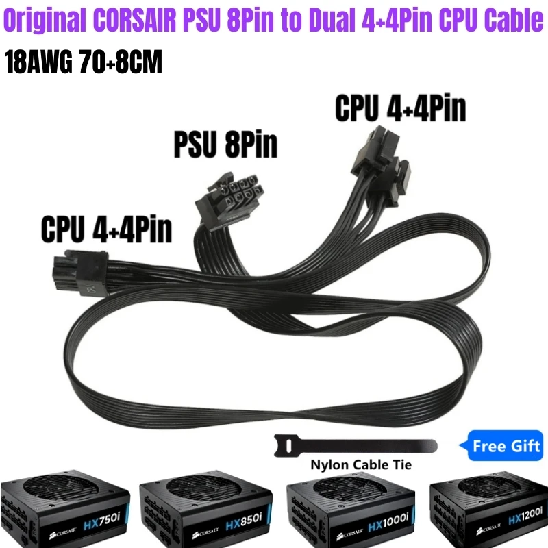 Original CORSAIR HX1200i HX1000i HX850i HX750i PSU 8Pin to Dual 4+4Pin EPS12V CPU Power Cable 18AWG for CORSAIR Modular Power