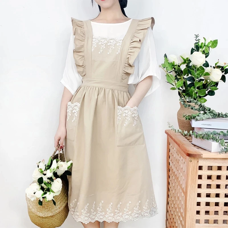 Washed Cotton Linen Lace Aprons Cooking Kitchen Aprons Flower Shop Garden Ruffles Work Clean Apron for Woman Overalls Dress