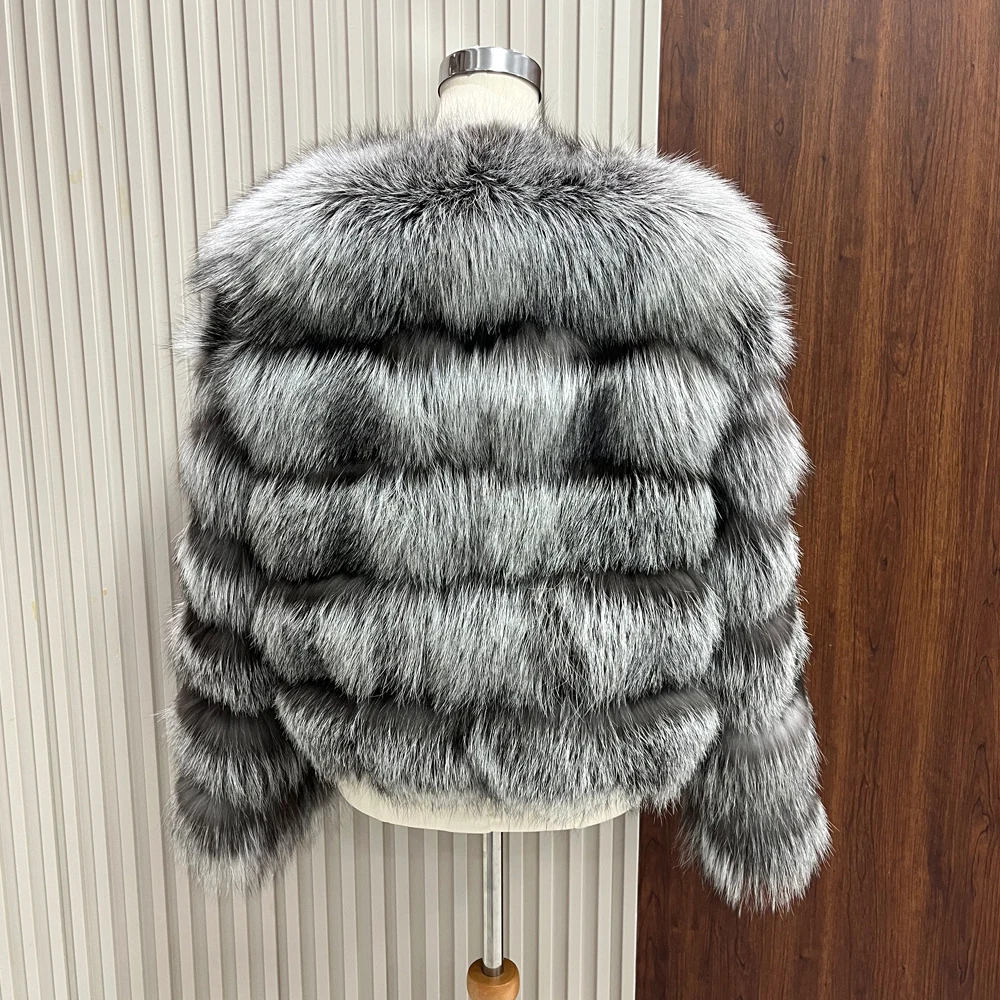 real fur coat winter women fox fur jacket Silver Fox Standing Collar