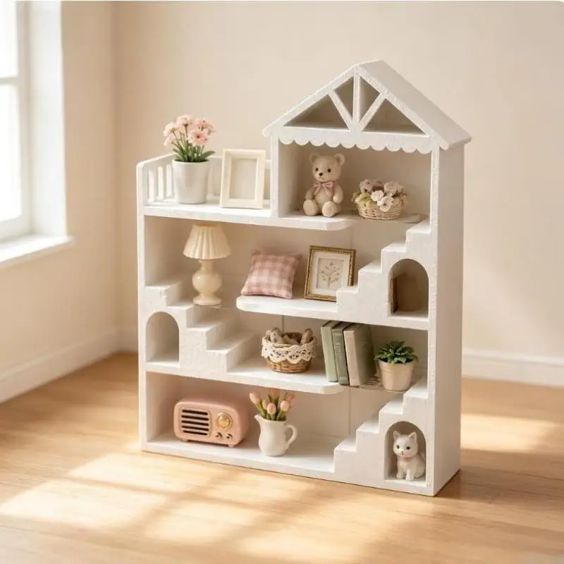 White Ins Mini House Scene Storage Rack Cute Dollhouse Display Shelf for Mini Ornament Display Desktop Small Item Holder