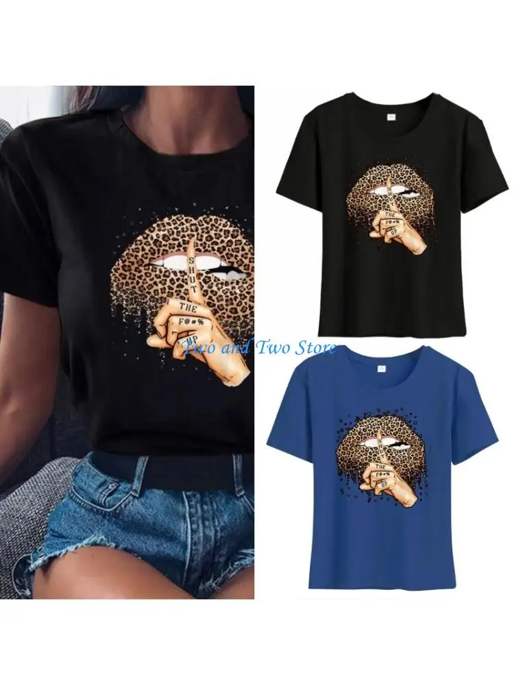 

HX6F Women's Graphics Leopard Lips and Finger Print T-Shirt Round Neck Short Sleeve Loose Fashion Pullover Top for Summer