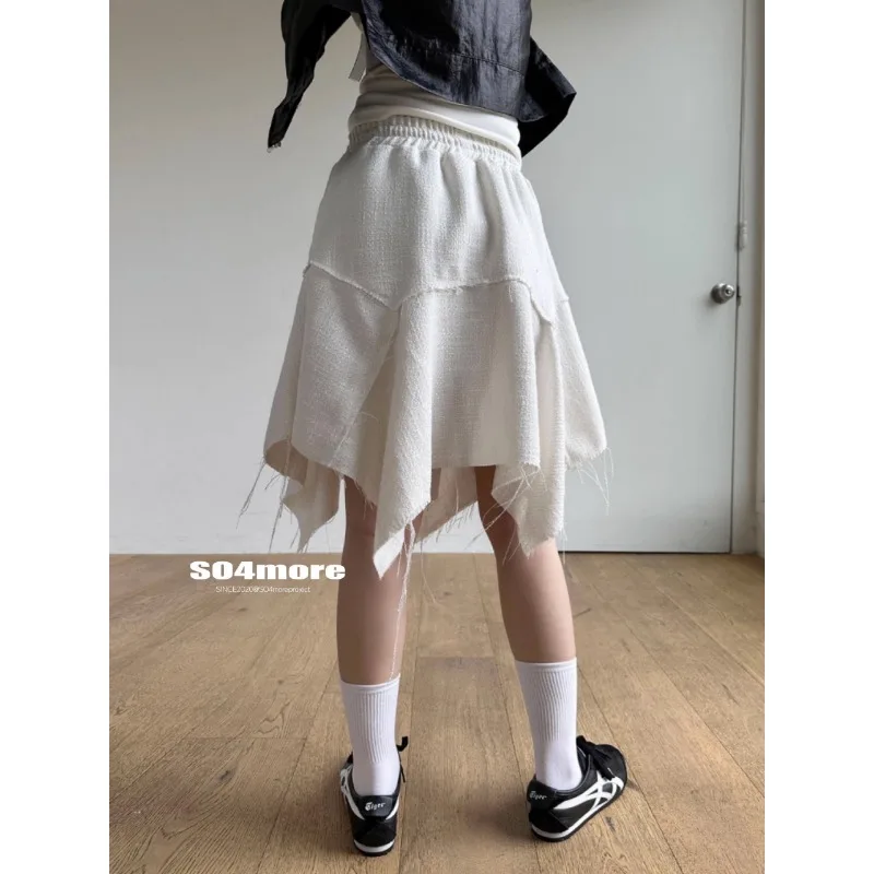 Korean Retro Irregular Loose Casual A-line Skirt Women 2024 Spring New High Waist Solid Color All Match Tassel Knee-length Skirt