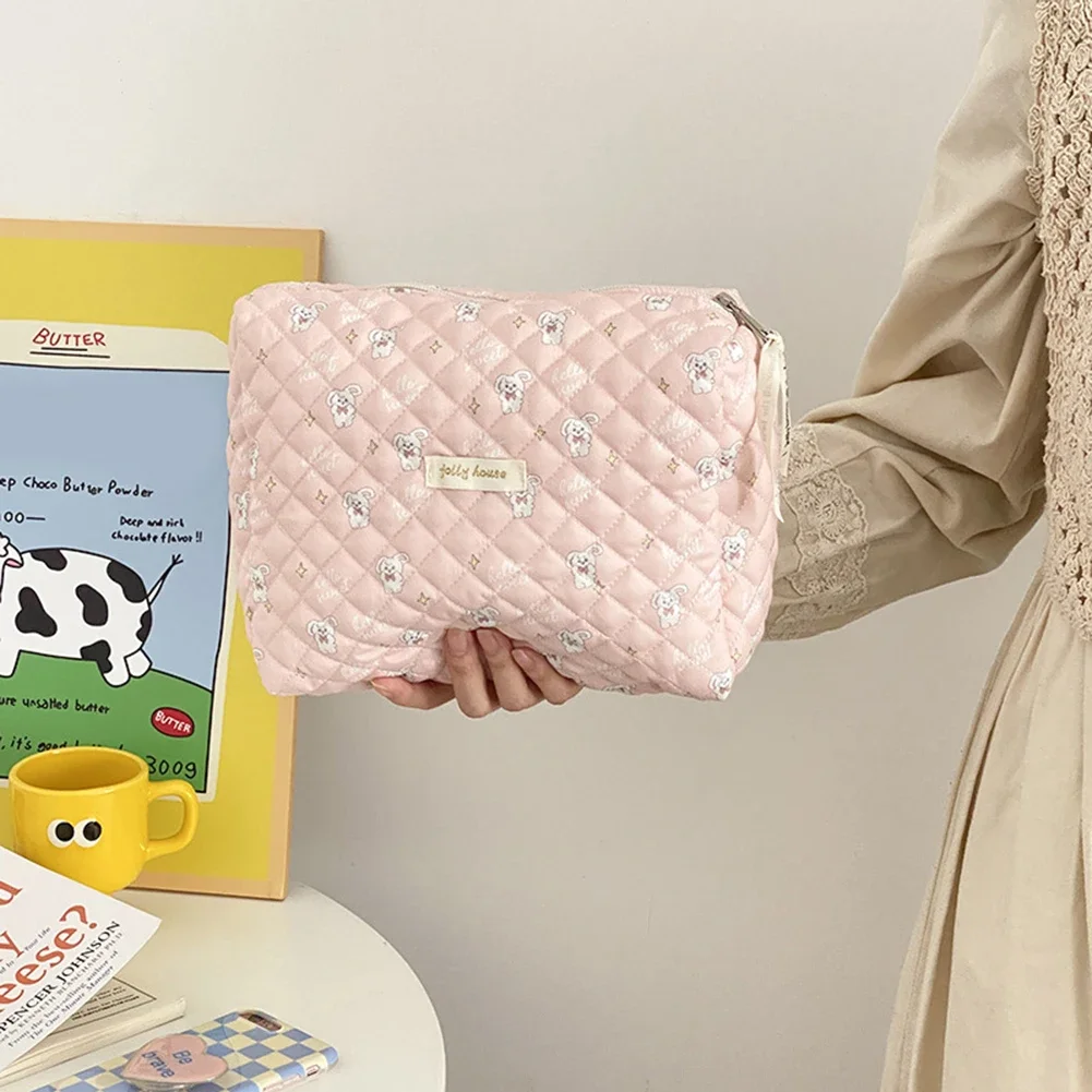 Women Makeup Handbags Zipper Korean Quilted Travel Organizer Portable Clutches Bag Floral Print Large Capacity for Ladies Girl