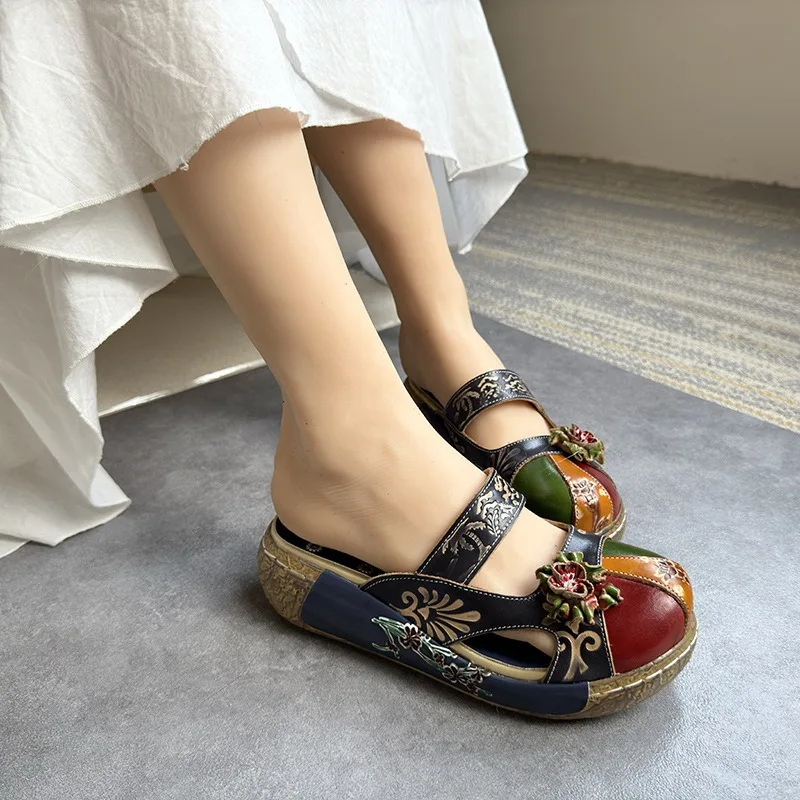 Birkuir Retro Closed Toe Slippers For Women Thick Heel Slides Luxury Flat Platform Flowers Shoes Genuine Leather Beach Slides