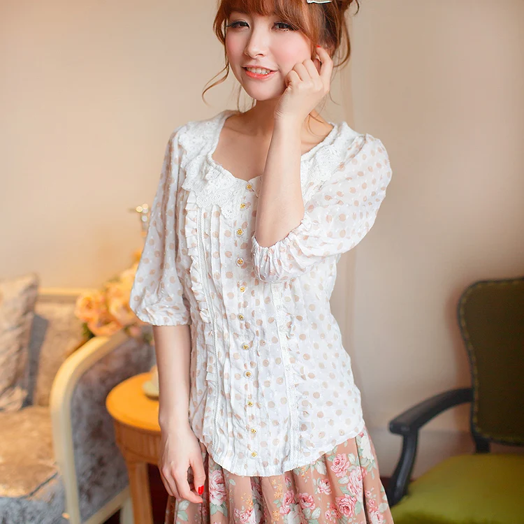 Japan Liz Lisa Cotton Crepe Lace Collar Dot Printed Half Sleeve Shirt