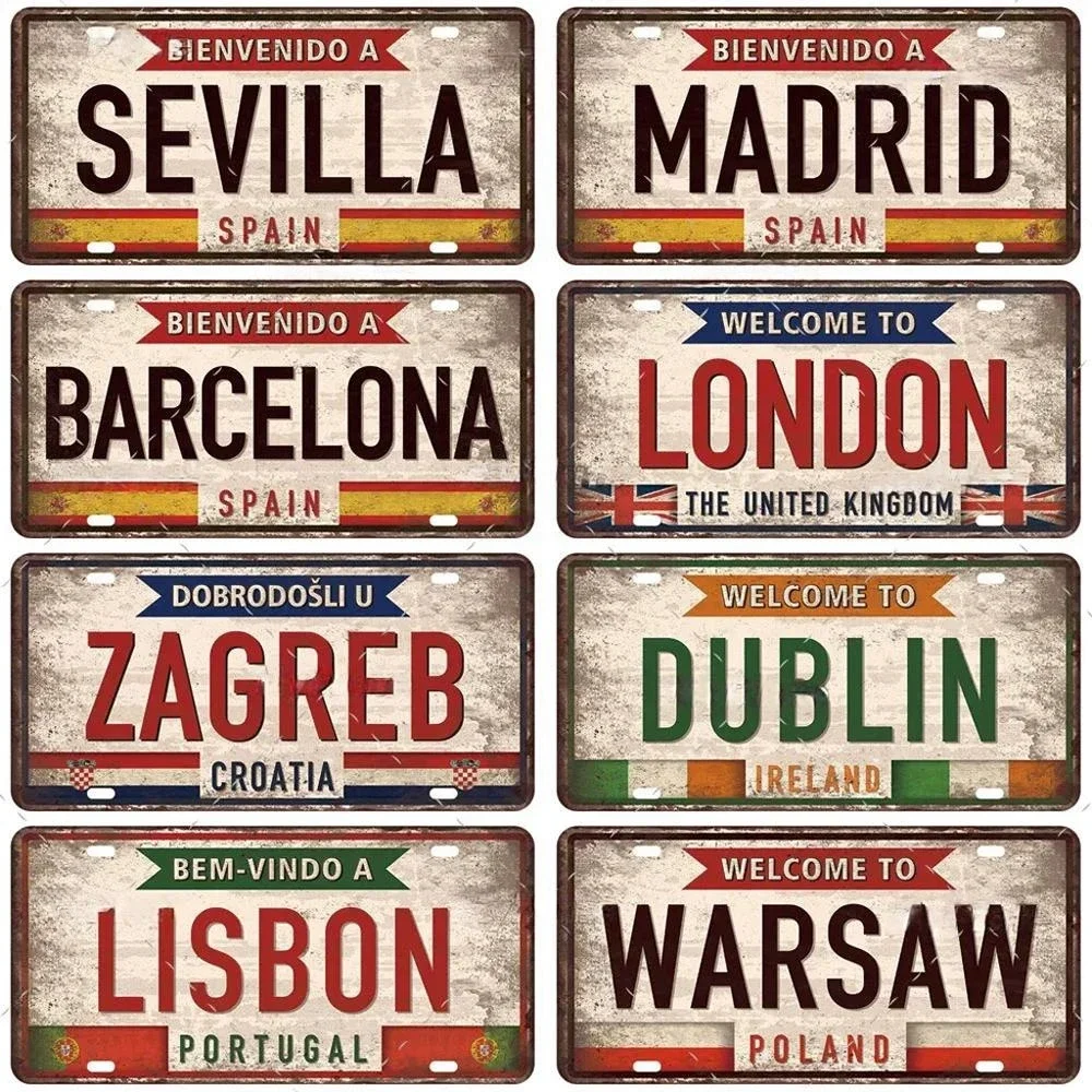 Welcome Tokyo Paris Famous City Name Sign Shabby Art Wall Plaque Metal License Plate Poster Crafts Tin Sign Decor for Bar Cafe