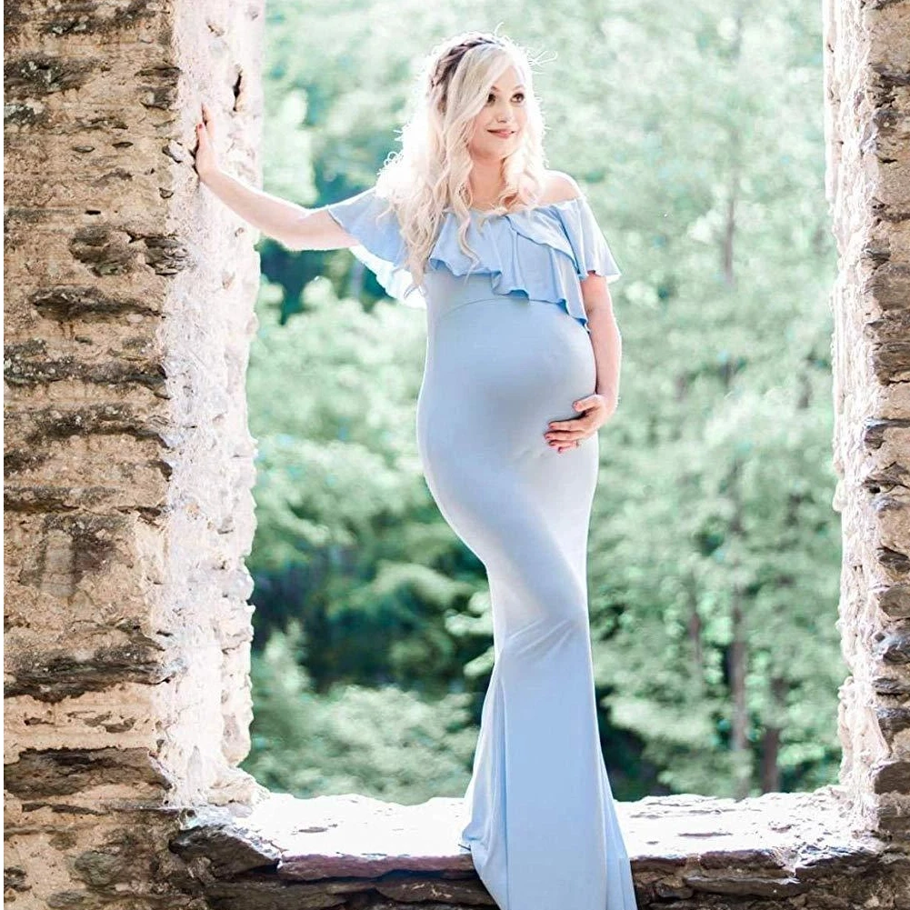 

2025 европейское и американское женское платье из мерсеризованного хлопка для беременных с рюшами и воротником со шлейфом, платье макси для фотографий, платье для беременных женщин