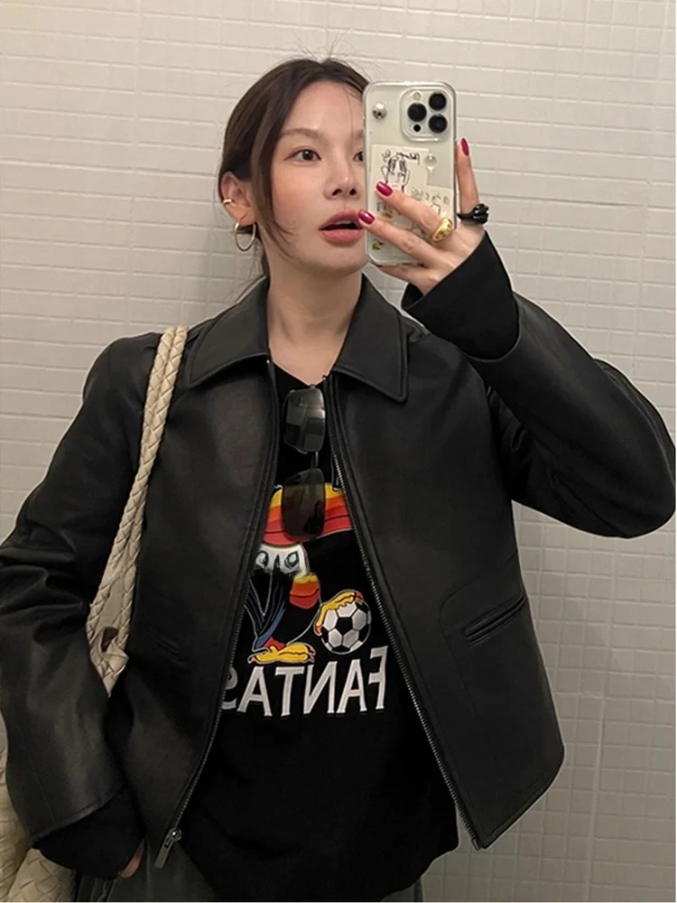 Cool Bla Leather Jaet Casaco feminino de motocicleta ort Sle com zíper tubo reto longo gola Sve Faionable Commut...