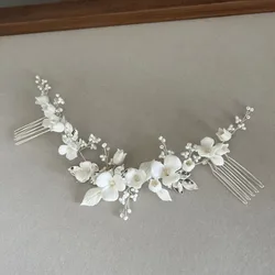 SLBRIDAL Handmade Crystal Rhinestones Pearls Clay Flower Bridal Hair Comb Wedding Hair Accessories Bridesmaids Women Jewelry