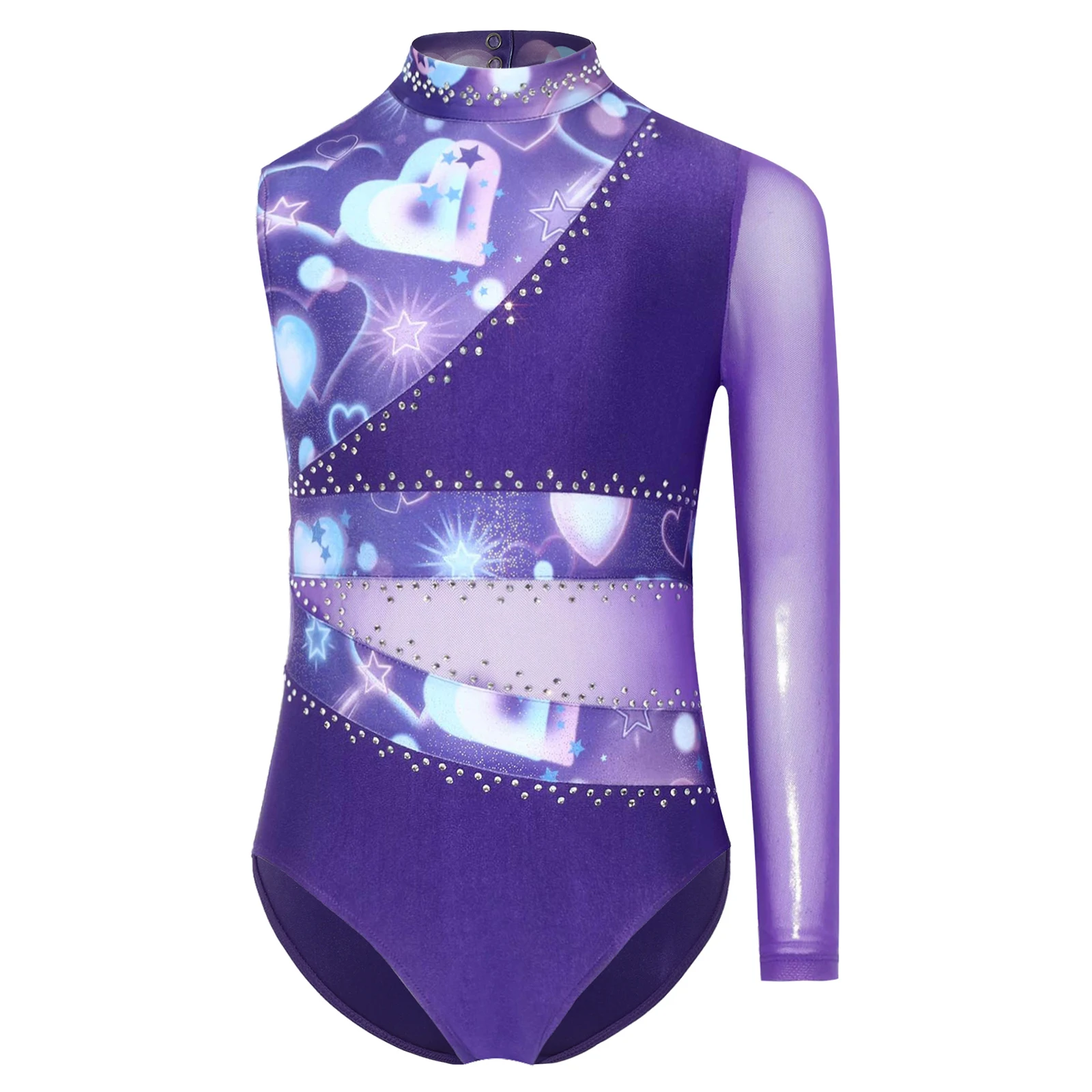 Kids Girls Gymnastics Training Performance Bodysuit Sheer Mesh Shiny Rhinestones Print Figure Skating Acrobatics Yoga Leotard