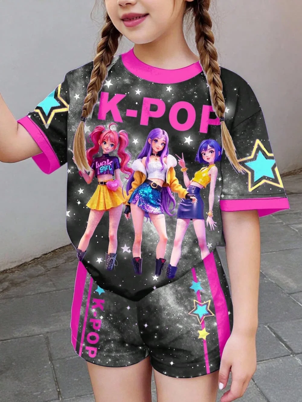 Kpop Cartoon Grafik Mädchen T-Shirt und Hosen Set Mädchen Sommerkleidung Niedliches Kurzarm-Set Kinder T-Shirt und Shorts Set – Detail 6