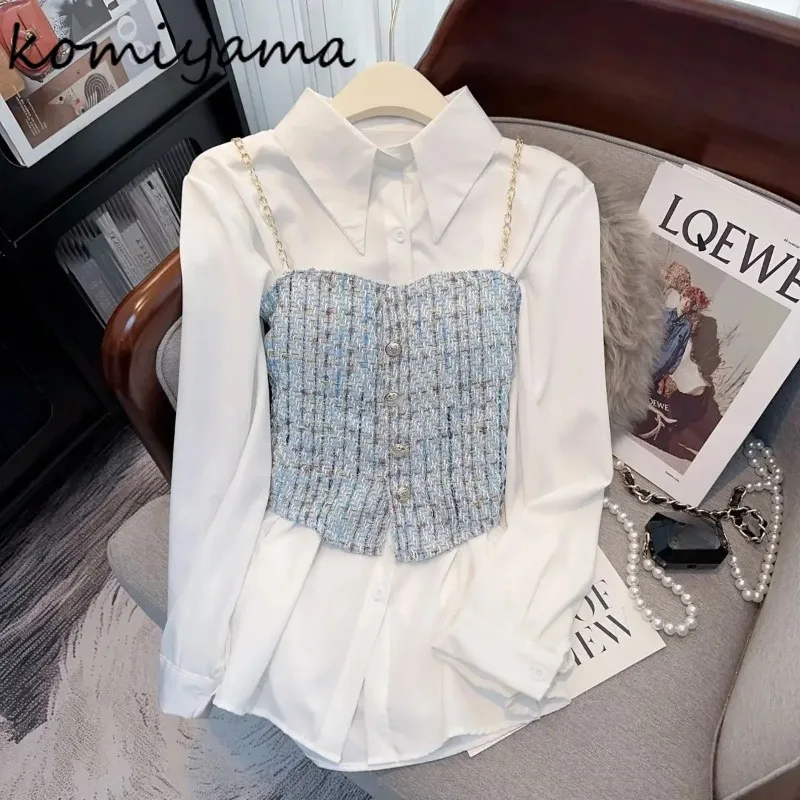 

Turn Down Collar Blusas Mujer Full Sleeve Shirts Blouses Camisas 2025 Spring Women Clothing Ropa with Chain Plaid Tweed Camis