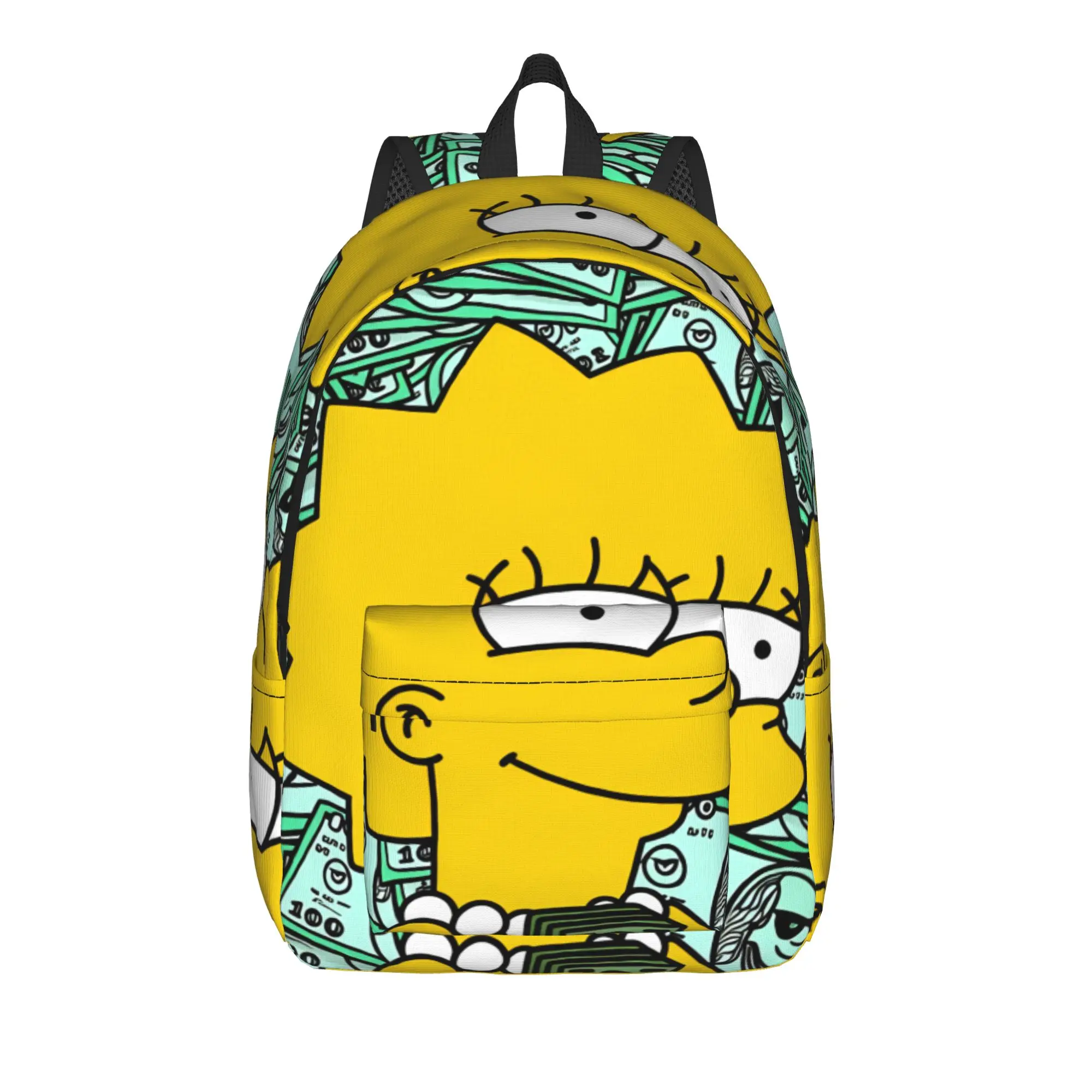Lisa S-Simpsons Money Stack Cartoon Backpack  Hiking Backpacks Male Design Breathable High School Bags Cool Rucksack