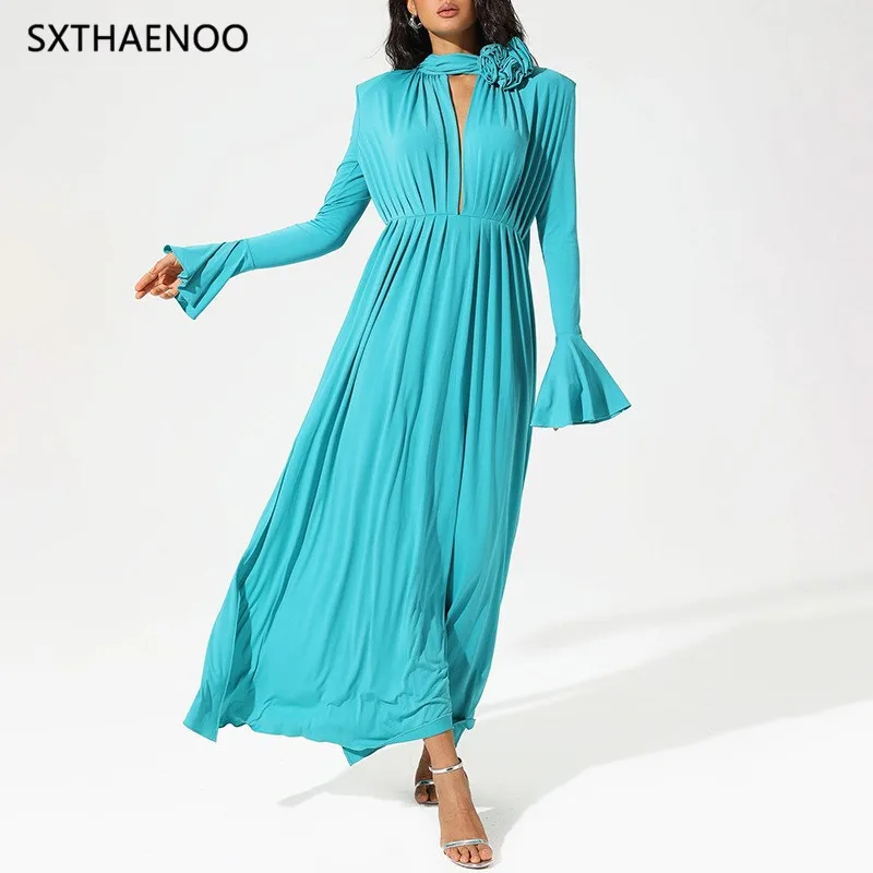 

SXTHAENOO Solid Loose Spliced Folds Dresses For Women Scarf Collar Long Sleeve High Waist Temperament Dress Female Fashion 2025