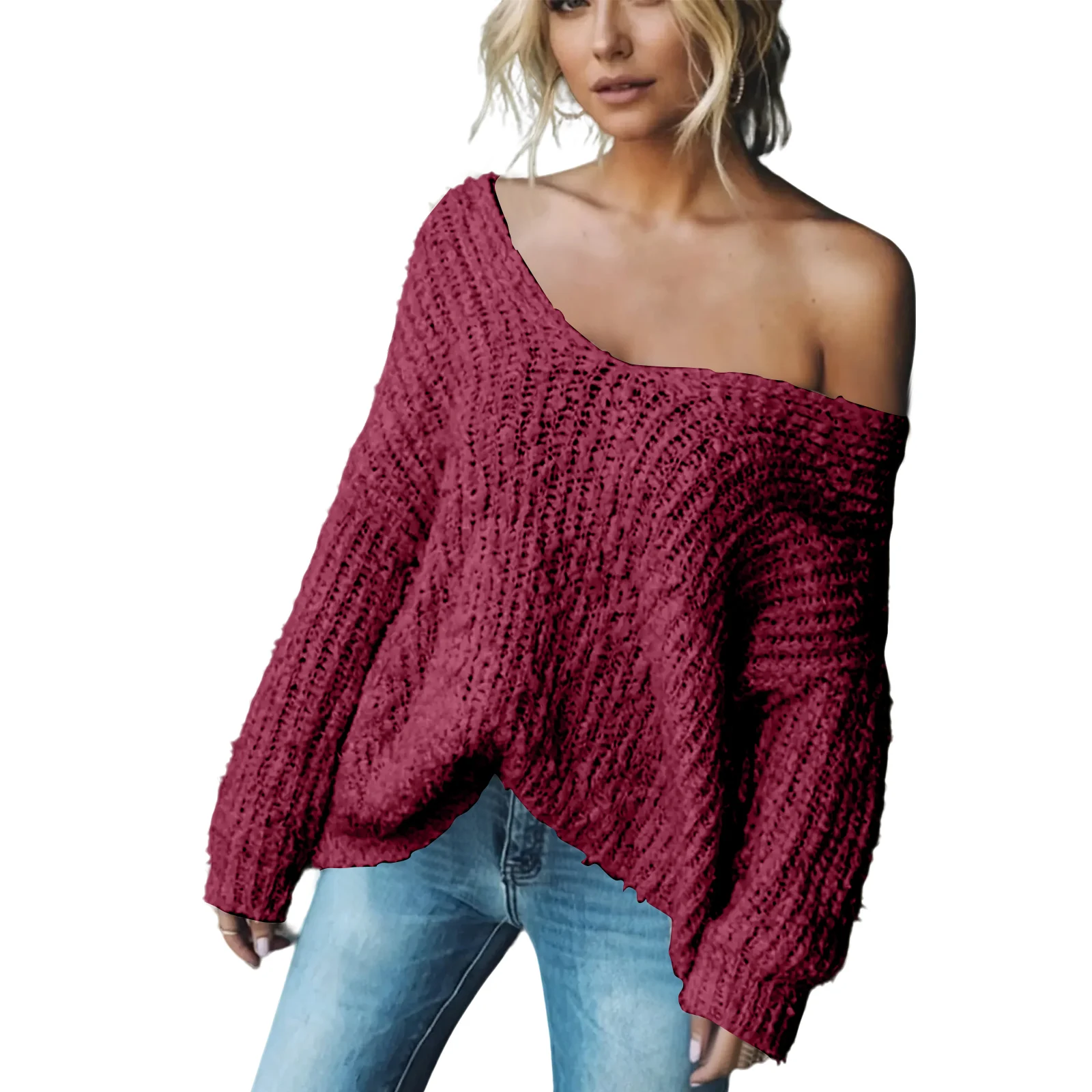Knitted Tops Women'S Fashionable V-Neck Slim Long-Sleeved Women'S Tops Sweater Off The Shoulder Multi-Color Daily Home Wear