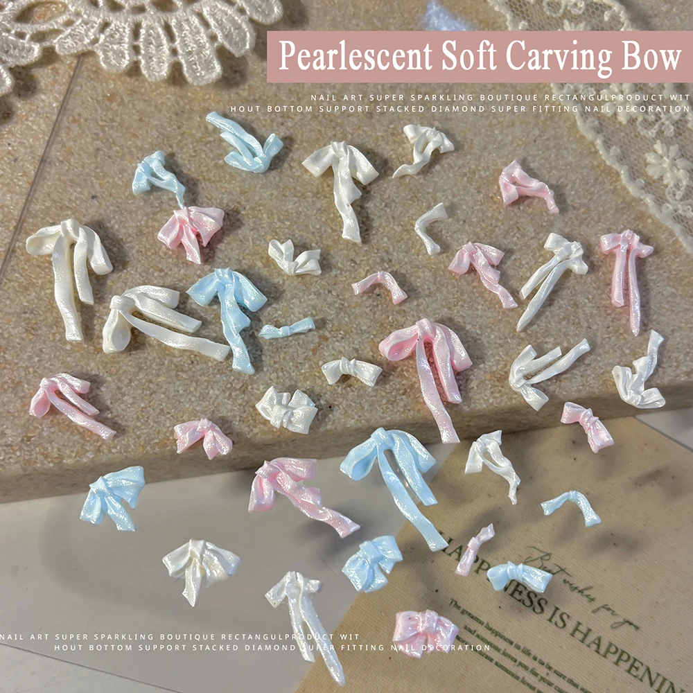 50Pcs Pearlesent Soft Craving Bow Nail Art Charms Mixed Color Bowknot Ribbon Nail Art Rhinestones DIY Craft Manicure Decorations
