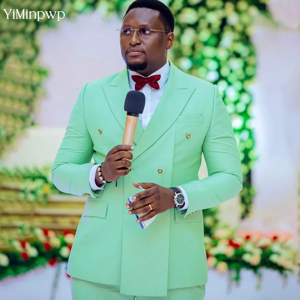 

2PCS Green Men Suits Slim Fit Double Breasted Wedding Tuxedos Best Costume Homme Suit Business Blazer Sets Jacket for men