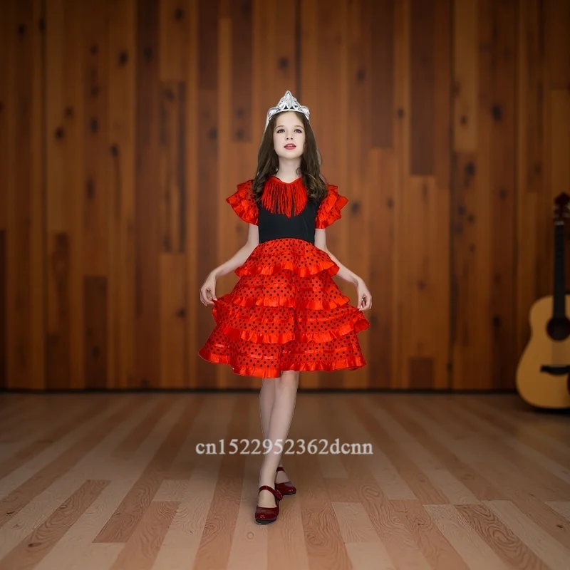 Girls Dress Beautiful Spanish Flamenco Dancer Costume Childrens April Sevilla Performances Dance Outfit Ballet dancing costume