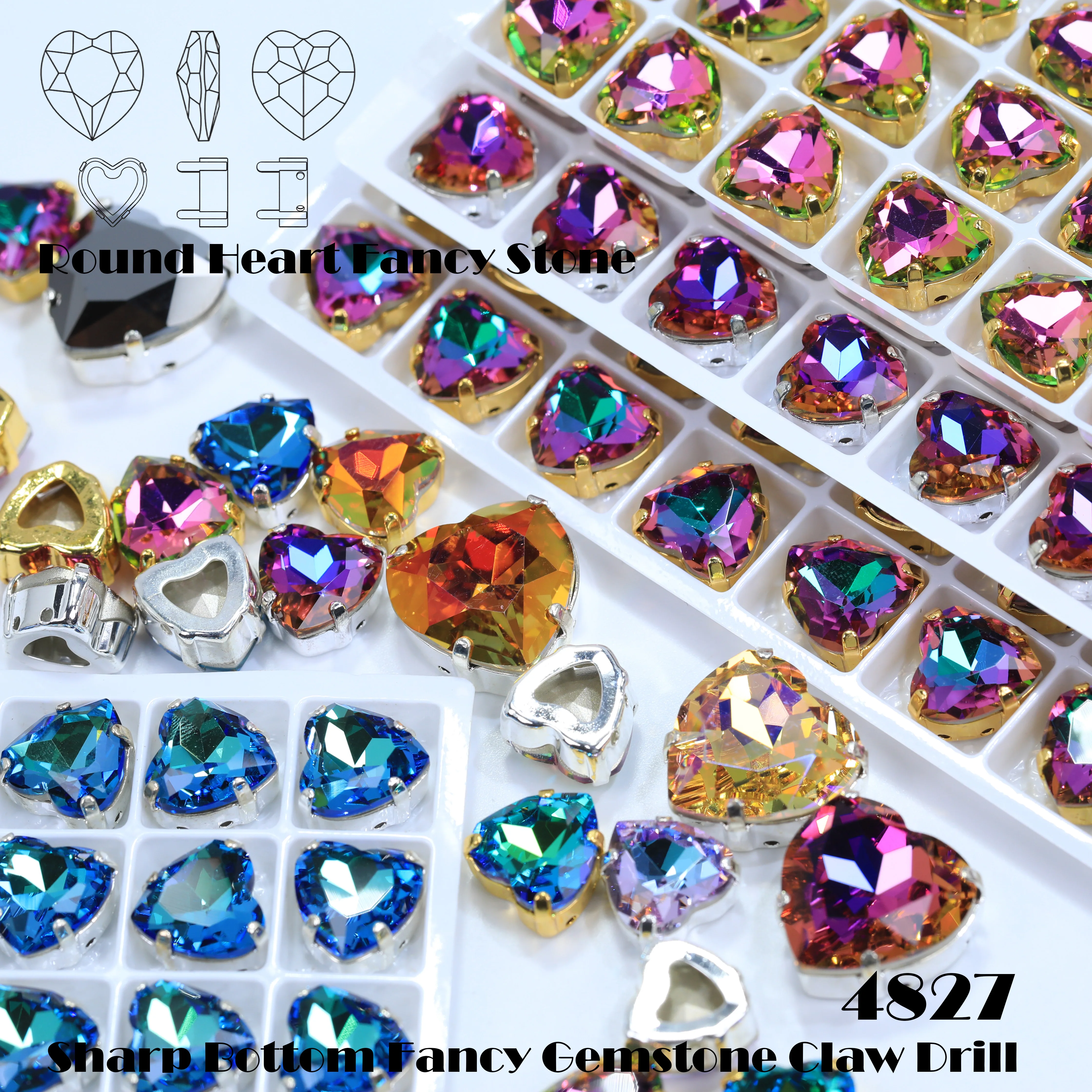 Shiny White Coated Premium Grade Glass Crystal Round Heart Rhinestones Sharp Bottom Fancy Gemstone Claw Drill DIY Bags Handcraft