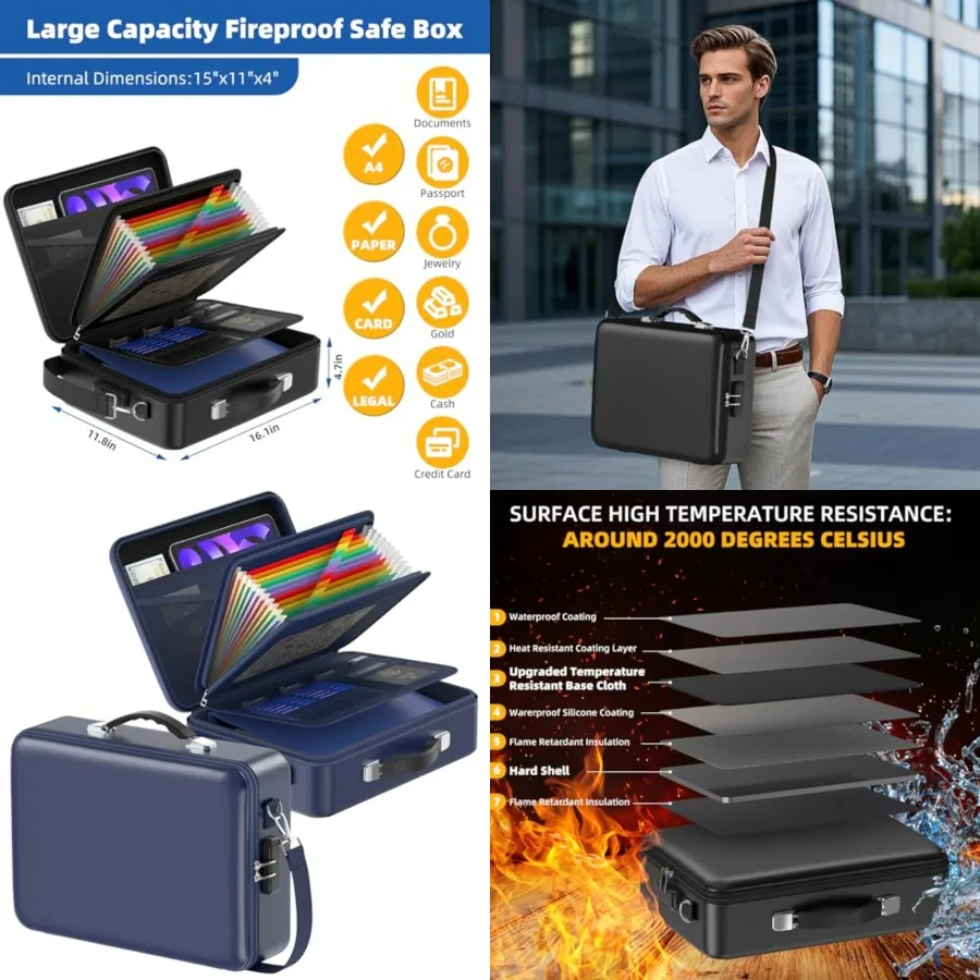 

Fireproof Document Box with Lock＆Shoulder Strap, Hard-Shell Case File Organizer with Accordion File Folder, Multi-Layer Portabl