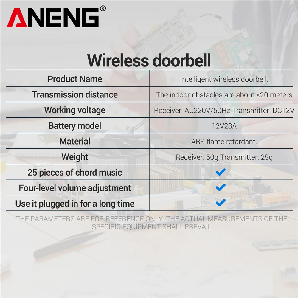 ANENG กริ่งประตูไร้สายอัจฉริยะรีโมท US Plug Reception เสียงสูง 4 เสียงปรับเสียงกริ่งสัญญาณเตือนความปลอดภัยโทรรับประตู