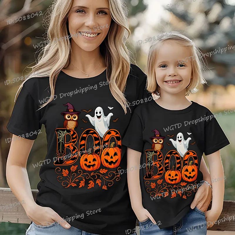 

Halloween Boo Owl And Boo Pumpkin Cartoon Short Sleeve T-shirt Family Matching Outfits Women Men Kids Funny Halloween Clothes