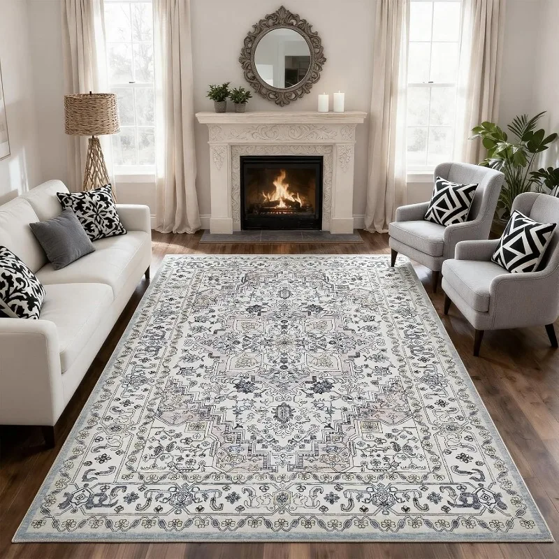 Vintage Grey Persian Pattern Area Rug American Cream Style Carpet for Living Room Non-Slip Machine Washable Bedroom Floor Mat