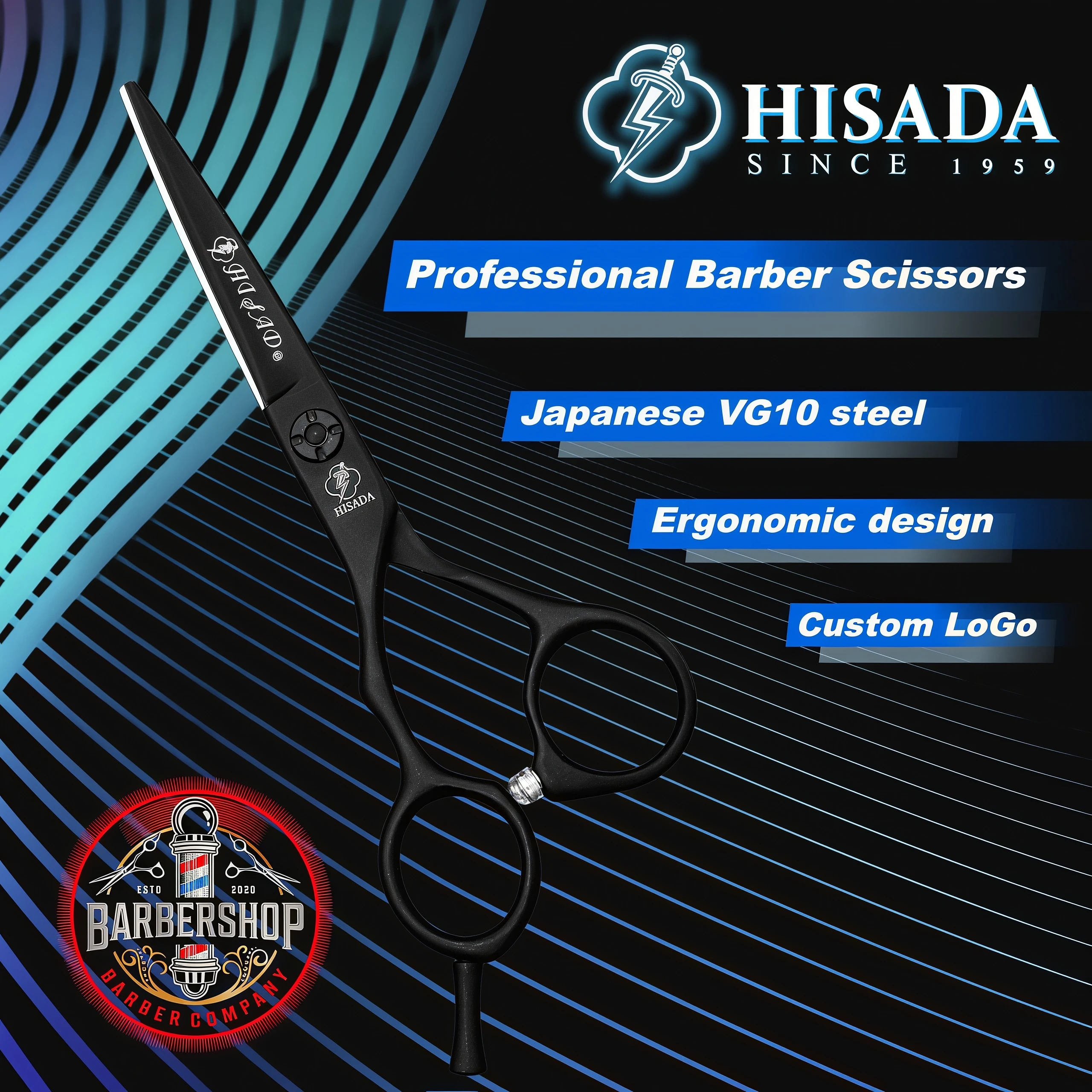 HISADA Left Hand Barber Scissors, Left Hand 5.5 inch Black Hair Cutting Scissors, Salon Professional High-End Haircut Tools