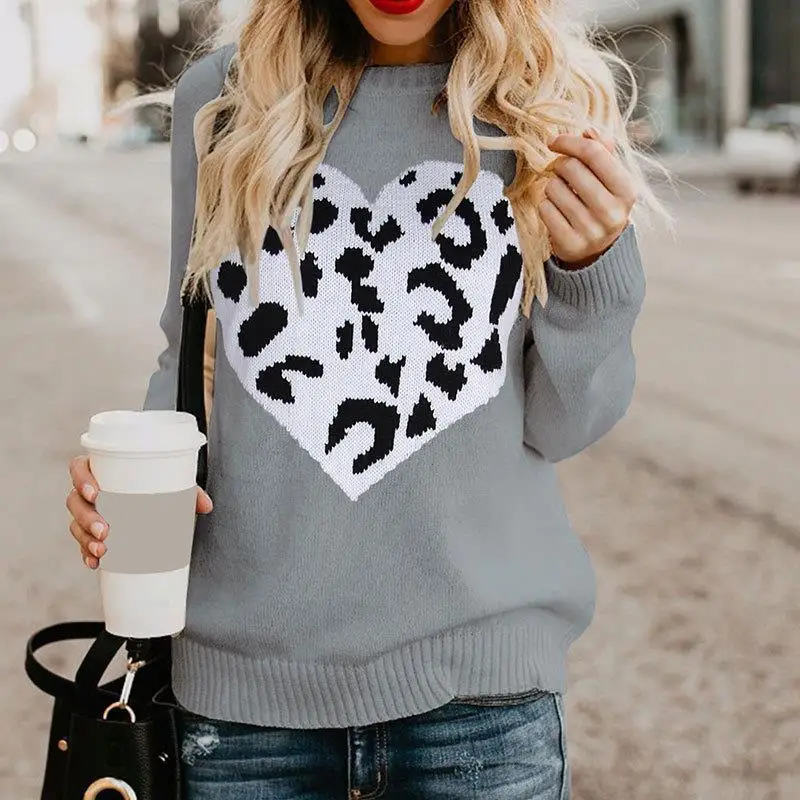 

Faionable Knitted Sweater Women's round Ne Overhead Leopard Print Heart Design Long Sve Autumn Winter New Arrival
