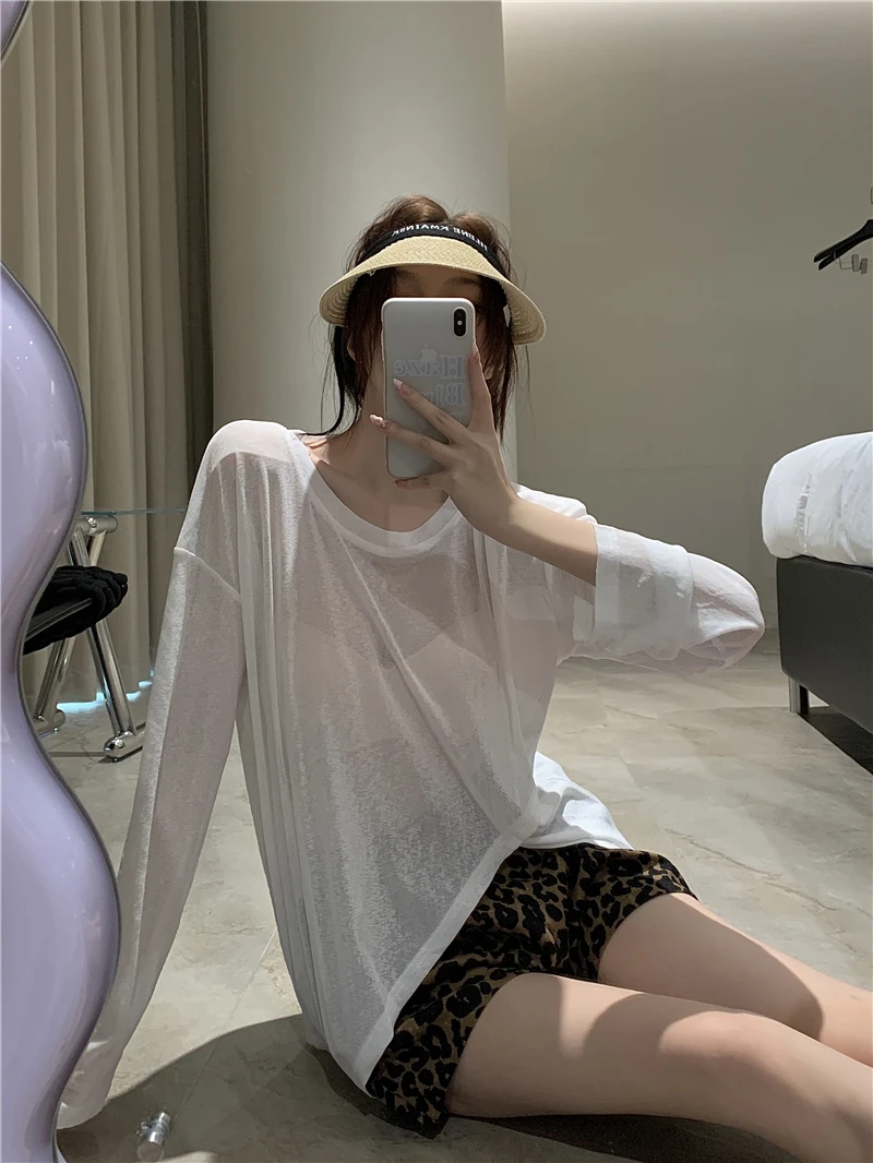 Long Sleeve T-shirts Women Retro Leisure Summer Thin Sun-proof Korean Style Loose Side-slit Translucent Fashion All-match Chic