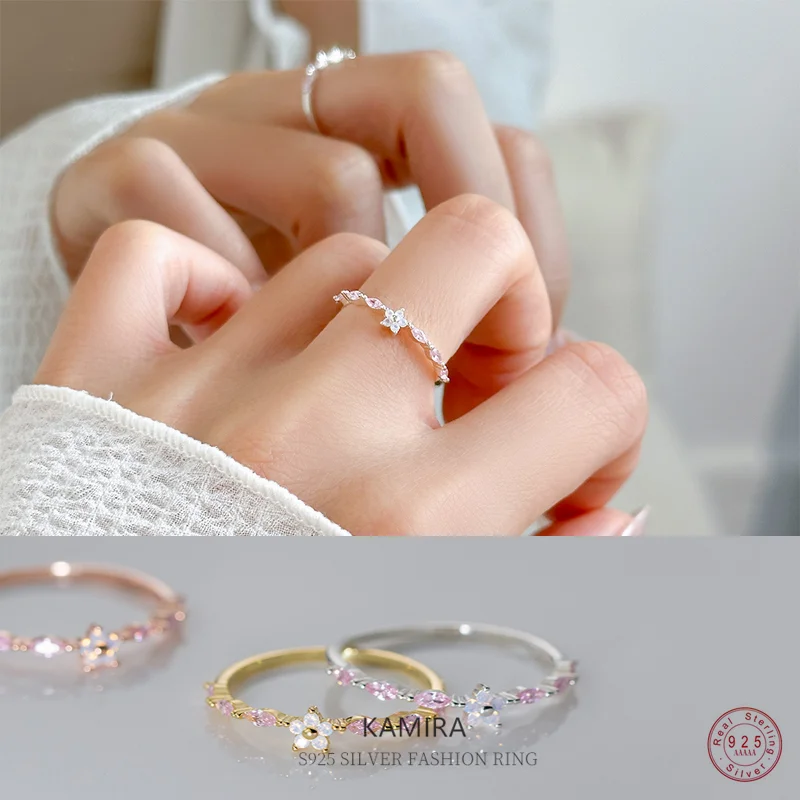 

KAMIRA 925 Sterling Silver Sweet Flower Zircon Rings for Women Banquet Fashion Elegant Romantic Wedding Jewelry Anniversary Gift