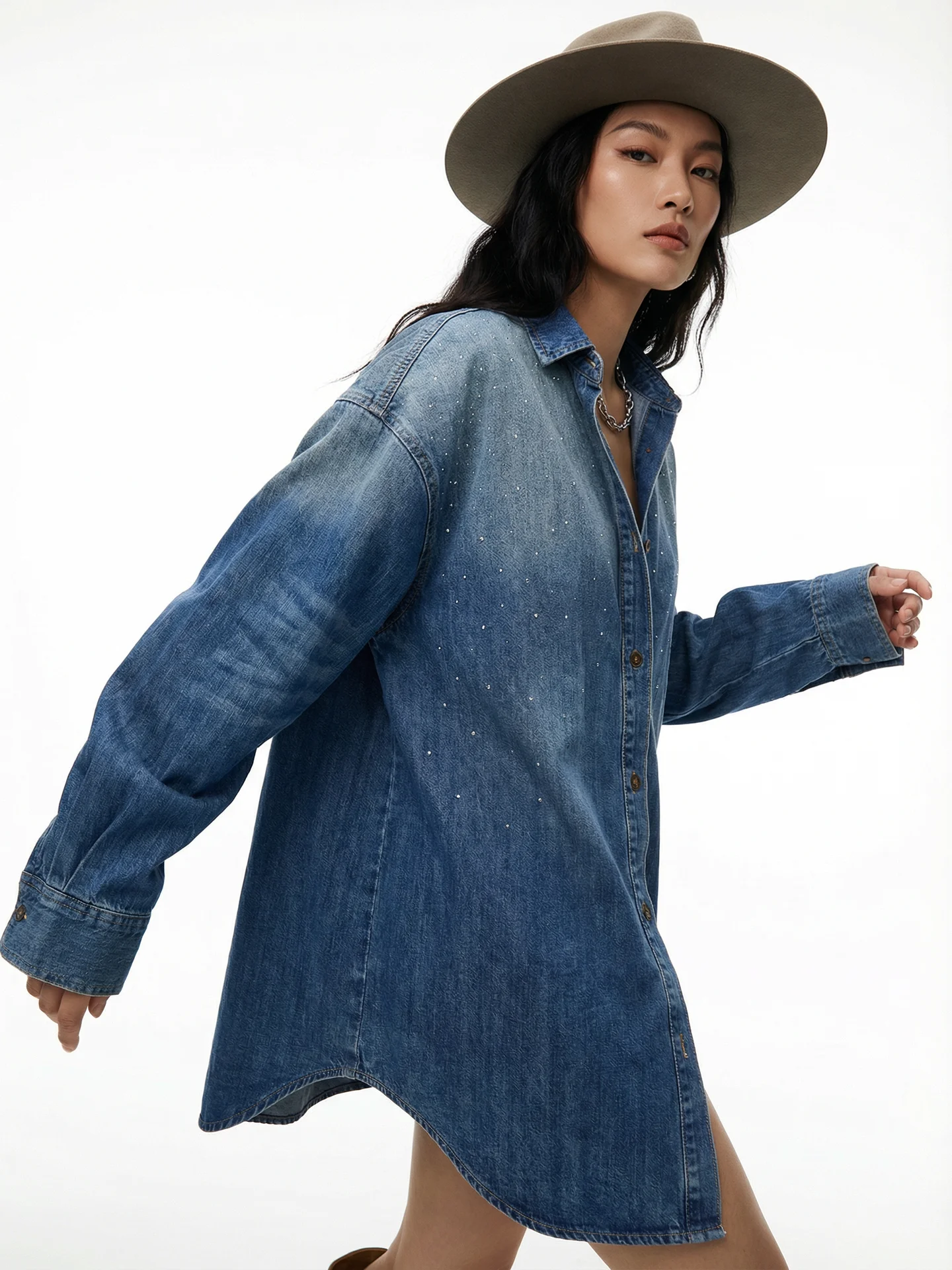 

Vintage Denim irt Loose Fit Cotton Long Sve Diamond Embellied Classic Waed Feel Good Breathable Women's irt