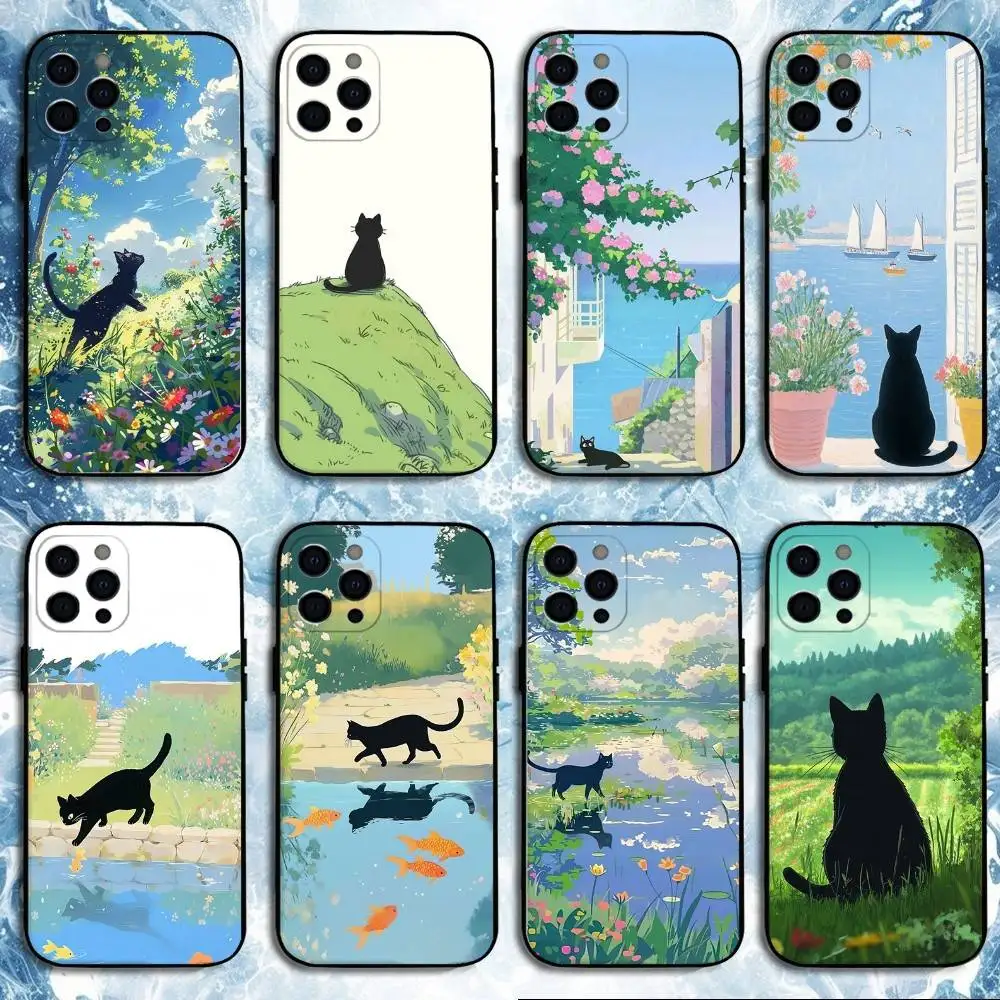 

Summer And The Black Cat Phone Case For iPhone 16,15,14,13,12,11 Plus,Pro Max, Soft Silicone Black Cover