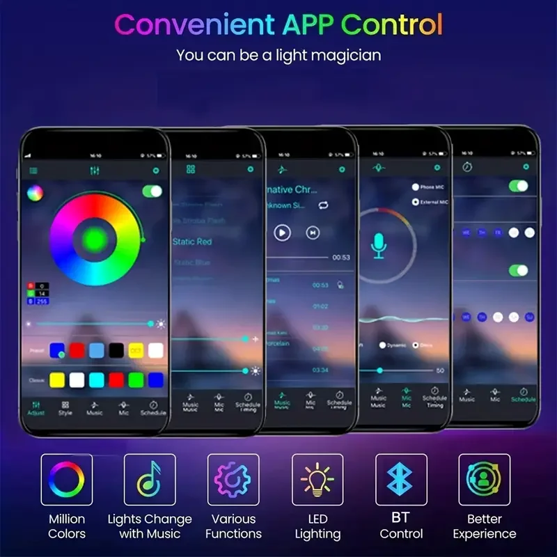 Светодиодная лента 5050 RGB, футов, умная лента со встроенным микрофоном, меняющая цвет музыки, питание от USB, дистанционное управление через приложение