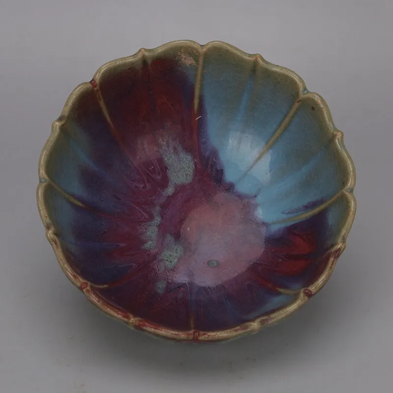 Song Jun Ware Rose Red Melon Rib Flower Rim Bowl Vintage Chinese Ceramic Home Decor Collectible