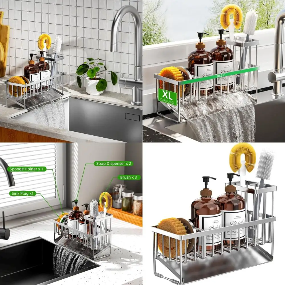 

Large Silver Sink Organizer with Brush & Sponge Holders, Stainless Steel Countertop Soap Dispenser for Kitchen Accessories and D