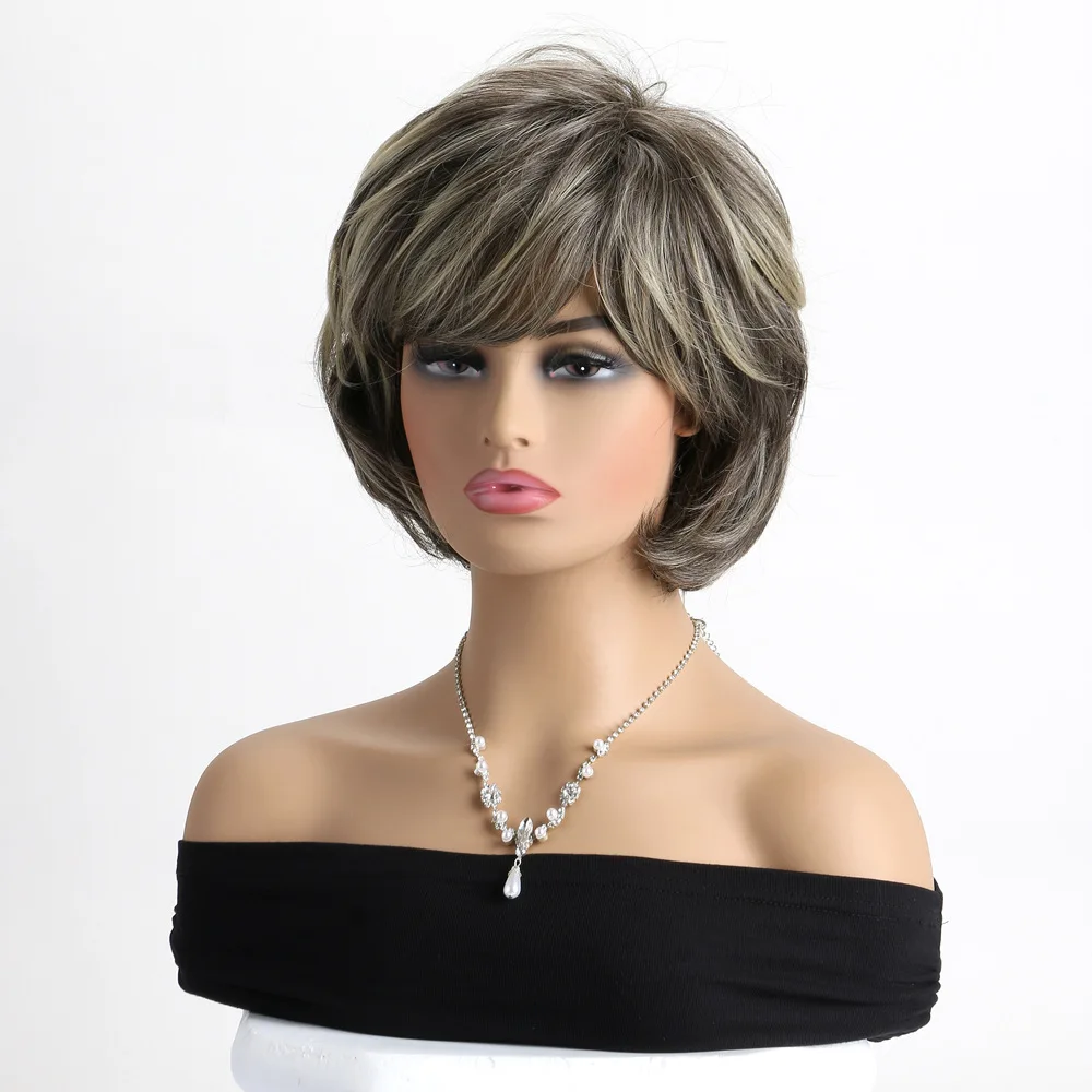 Synthetic Short Brown Mixed Light Gold Wigs with Bangs Soft Hair Daily Use Short  Curly Fake Hair Party Wig for Women